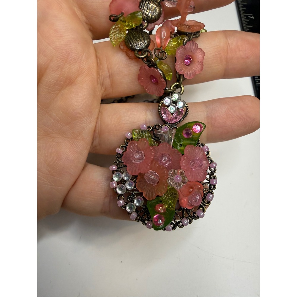MX Pink Floral Rhinestone Filigree Pendant Necklace Bronze Tone Statement